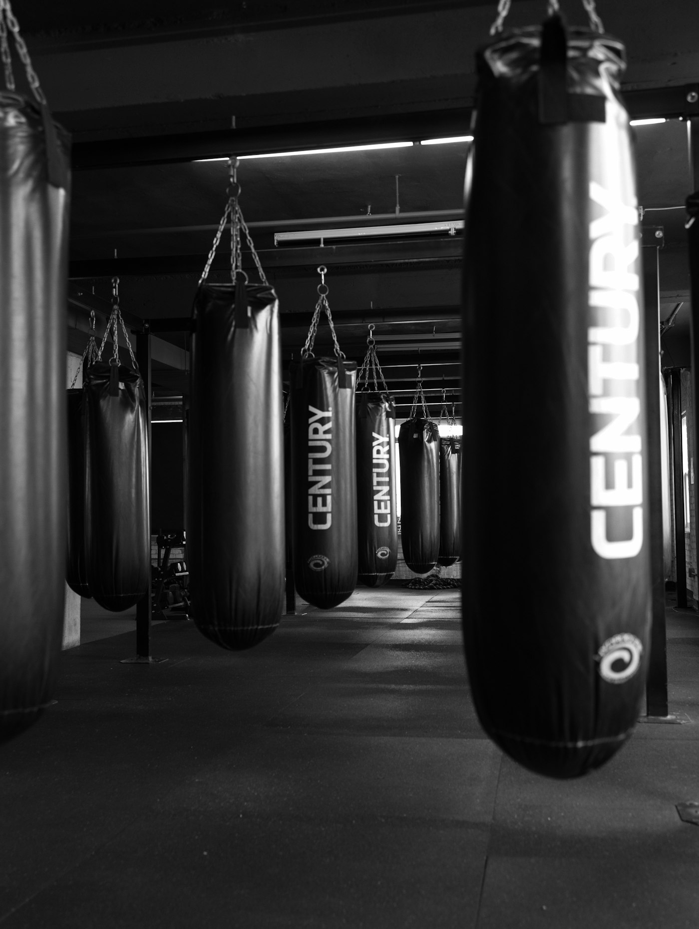Boxing gym with hanging punching bags